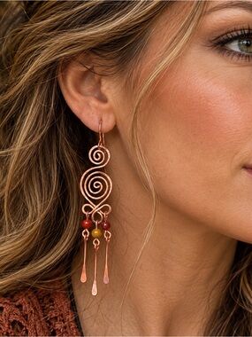Genuine Mookaite And Elegant Spiral Copper Earrings Artisan Made